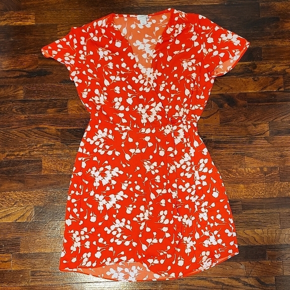 J. Crew Dresses & Skirts - J. Crew Vibrant Red-Orange Wrap Dress with White Floral Design